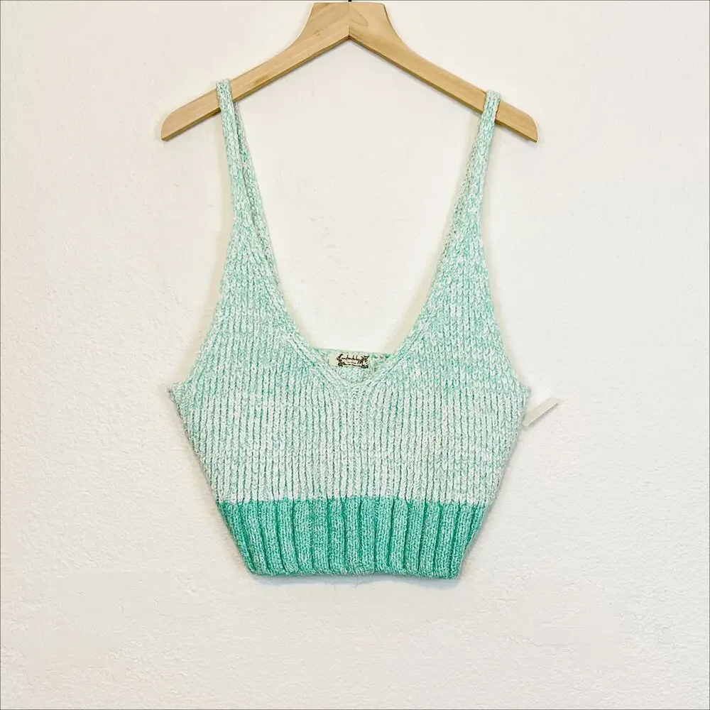 NWOT Free People Here All Day Brami Knit Top Medium Blue White - Picture 3 of 10